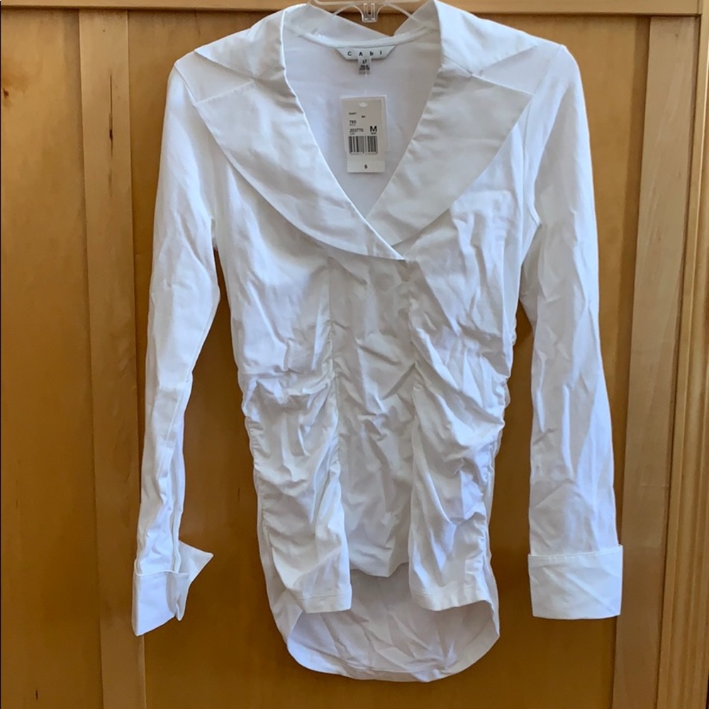 CAbi white ruched front shirt, M new with tag